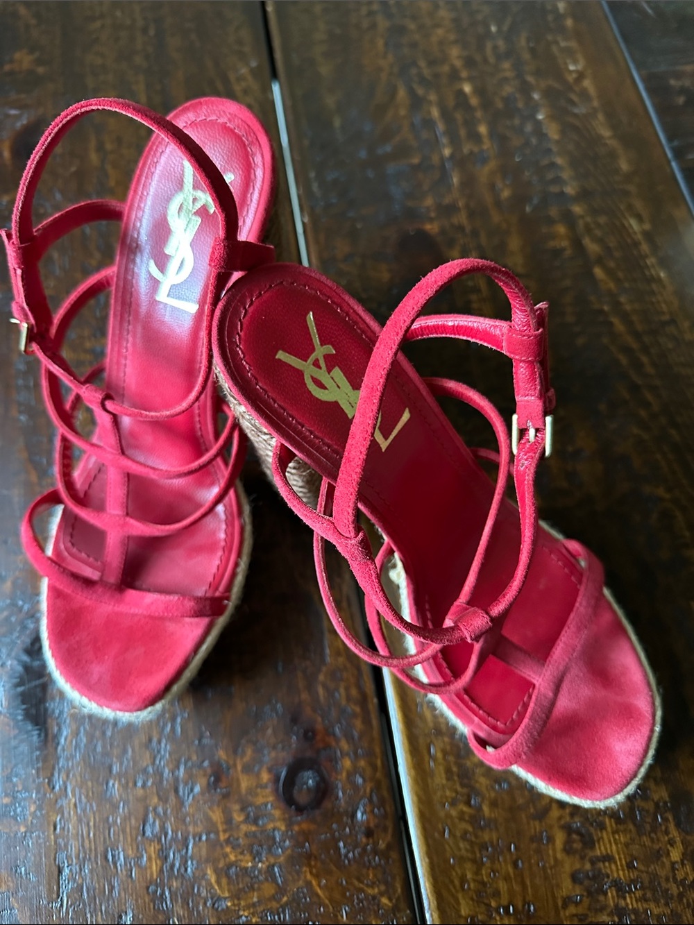 Yves Saint Laurent Vibrant Red Suede Strappy Wedge Sandals